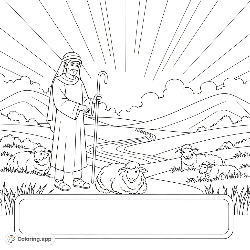 A serene Christian coloring page featuring a shepherd, his flock, and a tranquil landscape with rolling hills and a gentle stream, perfect for reflection.