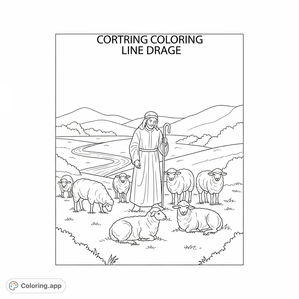 A serene pastoral scene featuring a gentle shepherd with a staff, surrounded by peaceful sheep in a field with a winding stream and rolling hills.