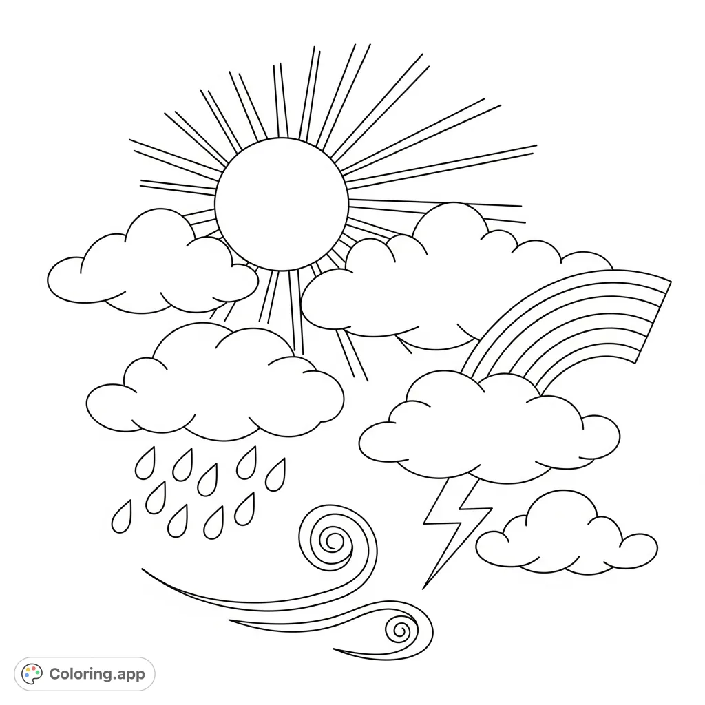 Explore a delightful weather scene featuring a cheerful sun, fluffy clouds, falling rain, a vibrant rainbow, and a playful wind swirl. Perfect for all ages!