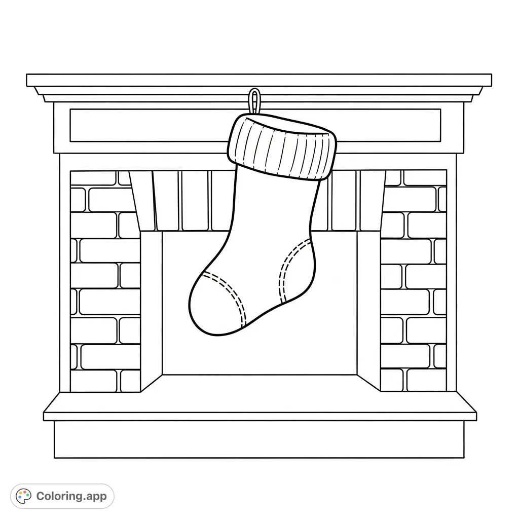 A charming Christmas stocking coloring page, perfect for holiday cheer. Hangs on a detailed fireplace, ready for festive colors. Free printable coloring page for kids.