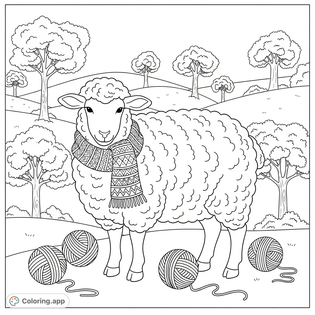 A charming sheep wearing a patterned scarf, surrounded by yarn balls, set against a backdrop of rolling hills and trees. A delightful and cozy scene.