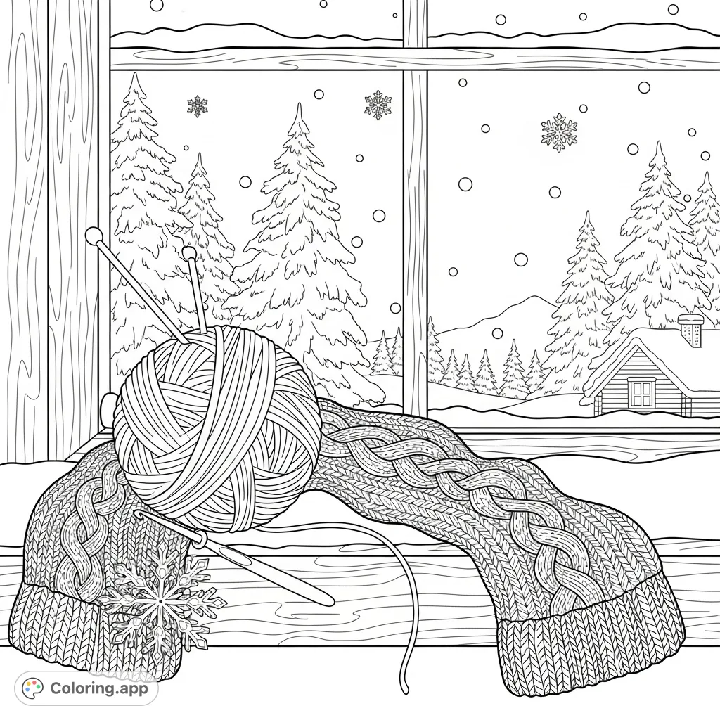 Immerse yourself in a cozy winter wonderland, featuring intricate knitting and crochet patterns amidst a snowy landscape. Perfect for mindful coloring.