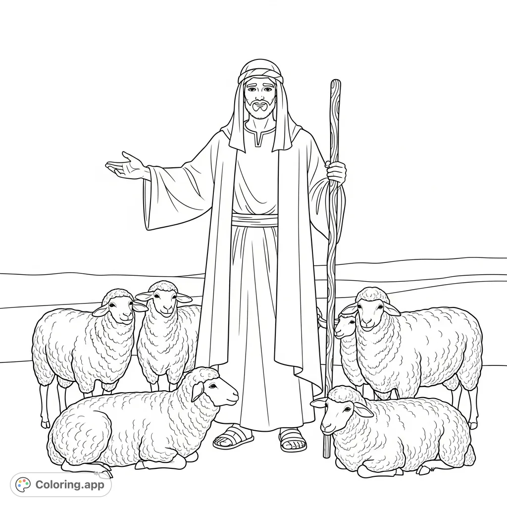 A serene Jesus with his sheep, standing in a peaceful landscape. This free printable coloring page offers a calming scene for reflection and creativity.