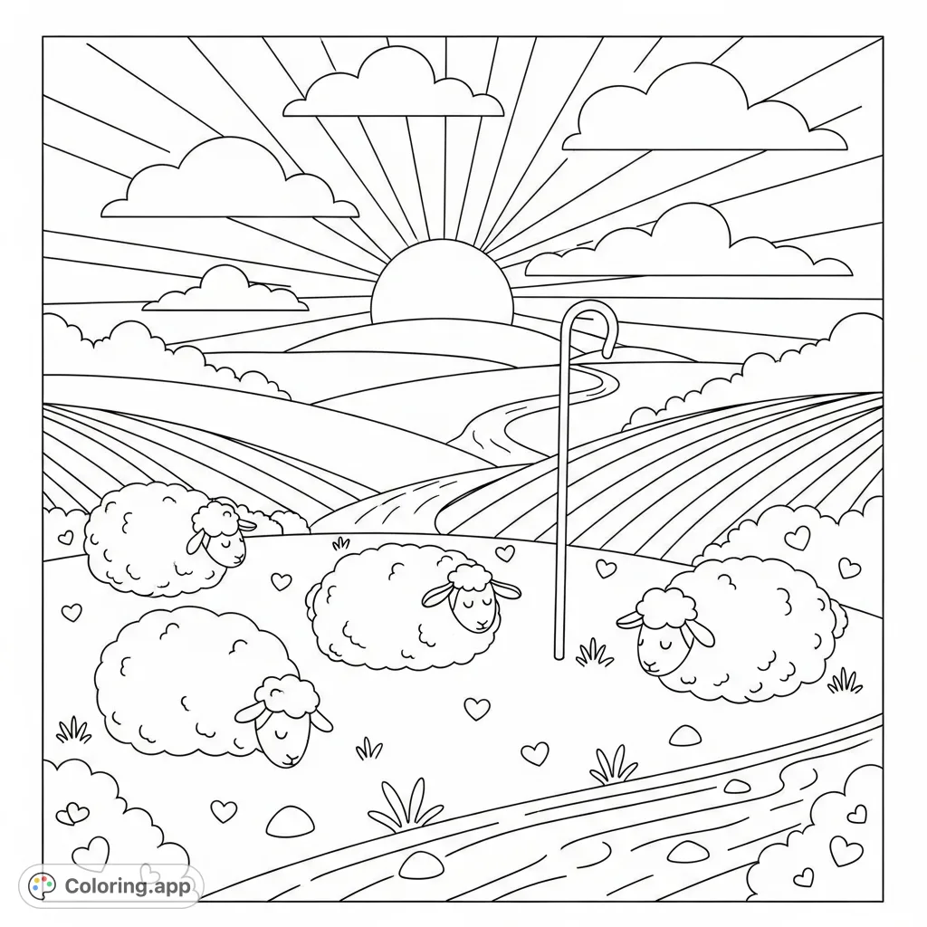 A serene pastoral scene featuring gentle sheep, a shepherd's staff, rolling hills, and a peaceful stream, perfect for mindful coloring.