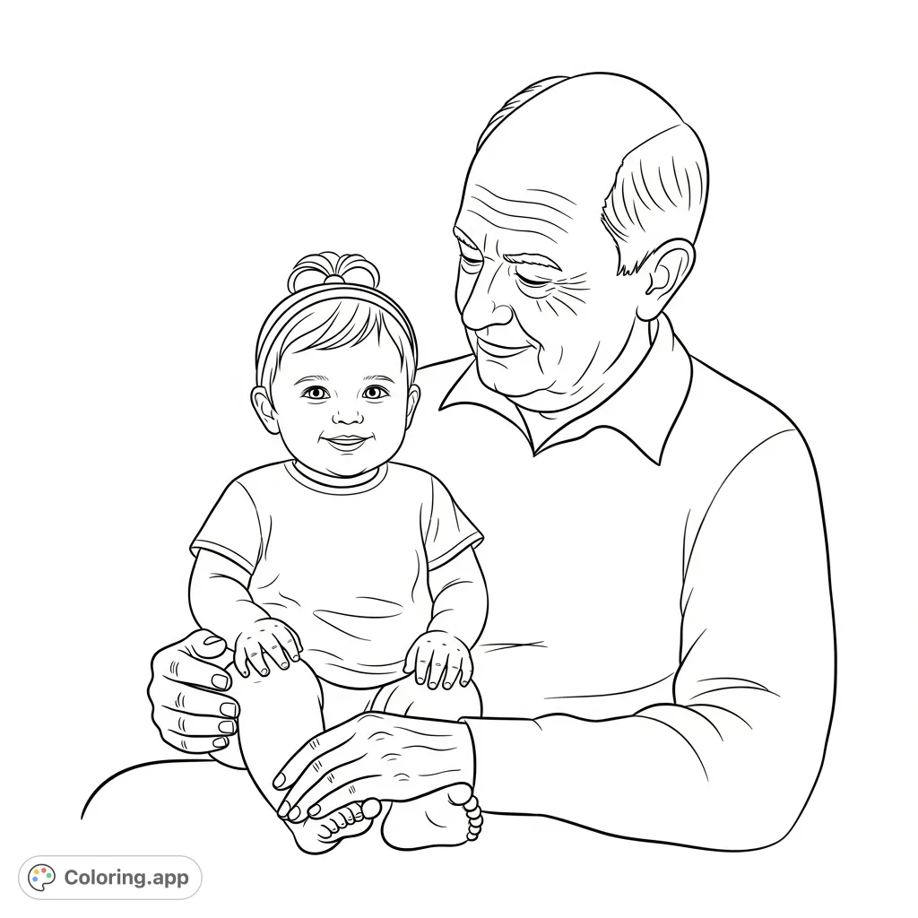 A heartwarming coloring page featuring a toddler sitting on her grandpa's lap, sharing a tender moment of family connection and love.