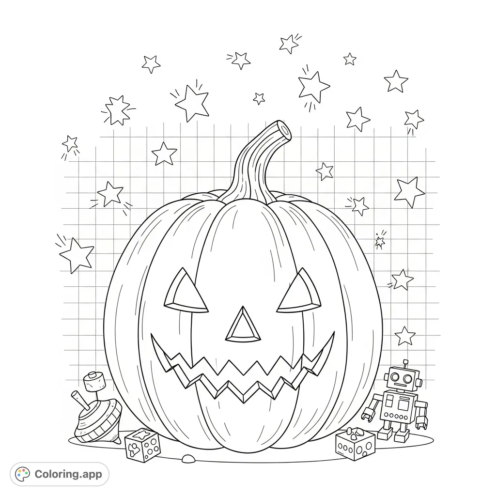 A charming jack-o'-lantern with a carved face, surrounded by playful toys and celestial stars, set against a subtle grid background. A minimalist, hand-drawn design.