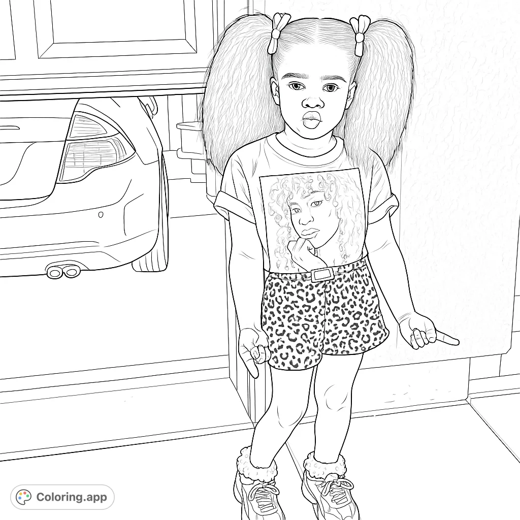 A playful girl with big pigtails and spotted shorts stands in front of a garage, ready for a fun coloring adventure. Free printable coloring page.