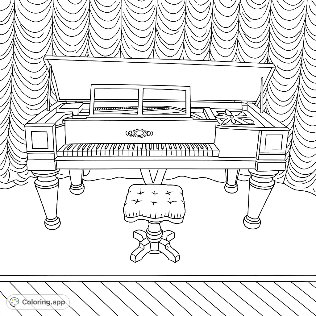 Explore a detailed antique square piano coloring page with its lid open, revealing intricate mechanisms. A matching stool completes this historical scene.