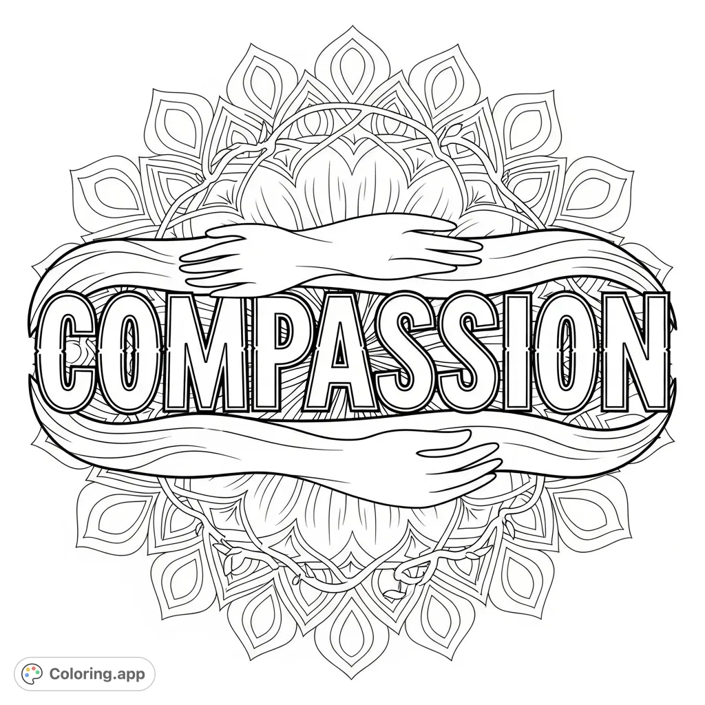 An intricate "COMPASSION" coloring page featuring stylized letters over a detailed mandala with teardrop shapes, vines, and flower petals. A mindful coloring experience.