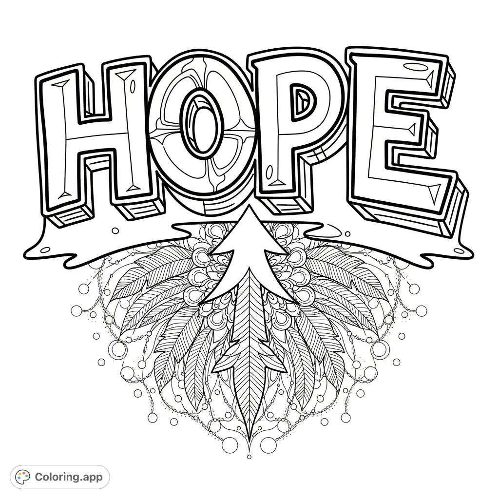 An inspiring graffiti "HOPE" word with intricate internal details, set against a detailed mandala featuring an upward arrow and feather-like patterns, symbolizing growth and light.