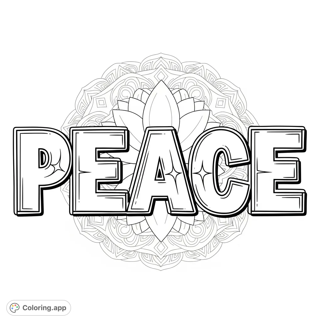A unique graffiti PEACE coloring page featuring bold block letters over an intricate mandala with a lotus and wave patterns. A calming and creative challenge.