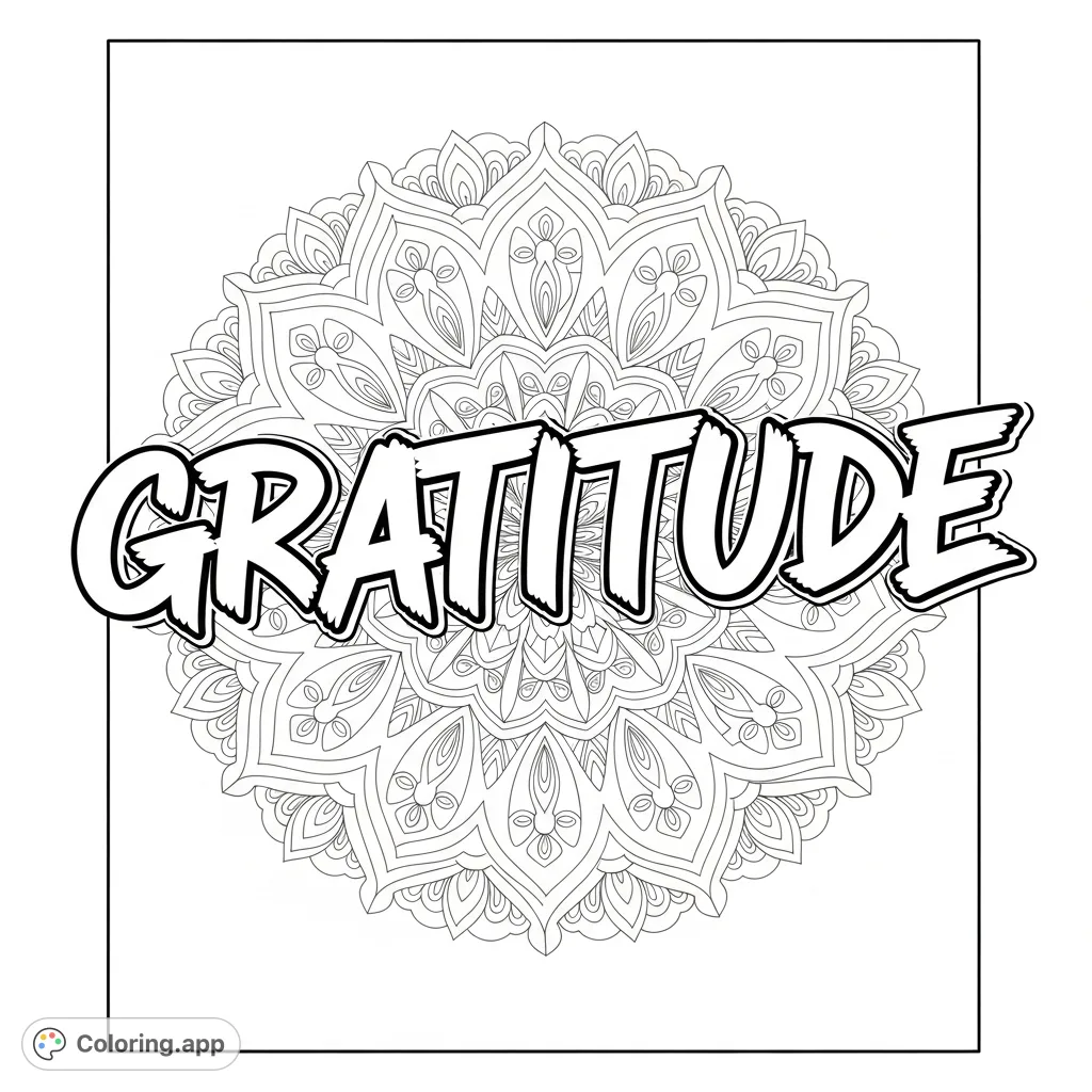 A unique gratitude coloring page featuring the word "GRATITUDE" in bold graffiti style, set against an intricate, radially symmetrical mandala background.