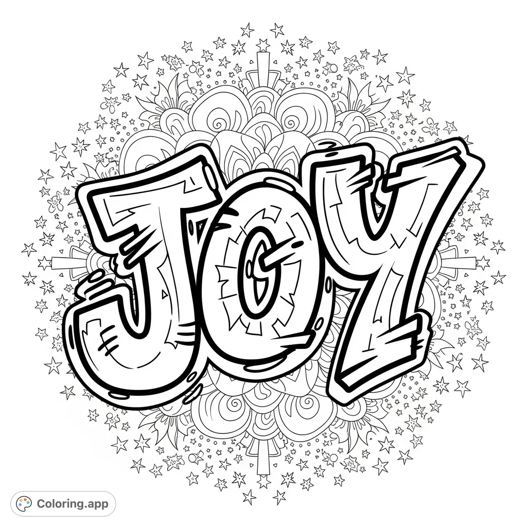 An energetic graffiti-style 'JOY' leaps from a vibrant mandala background, filled with sunbursts and stars, offering a celebratory and dynamic coloring experience.
