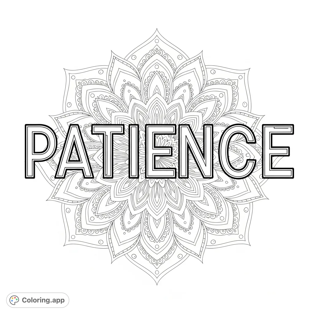 An intricate coloring page featuring the word "PATIENCE" overlaid on a detailed, layered mandala pattern with fine filigree and tiny dots, perfect for mindful coloring.