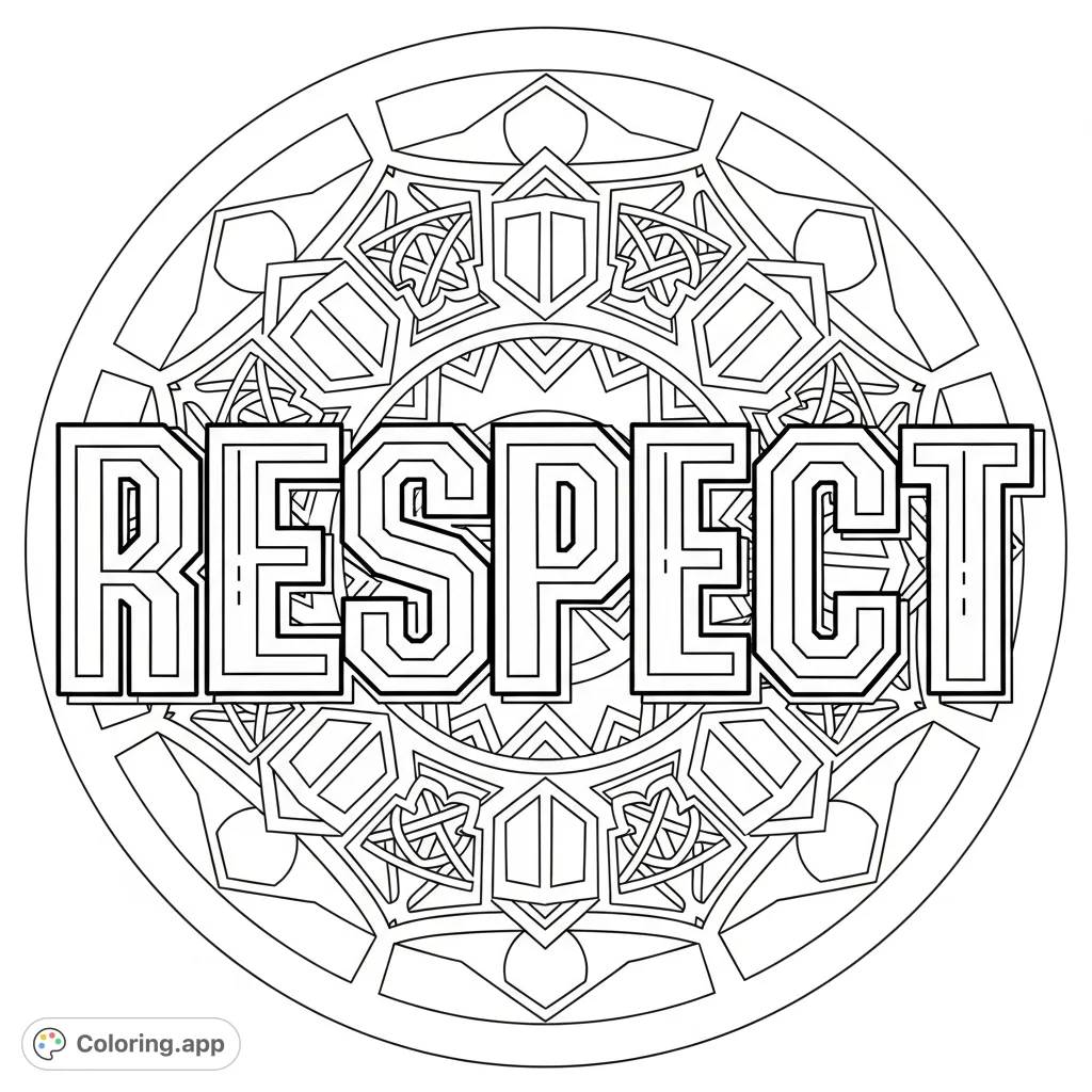 A powerful "RESPECT" graffiti word art set against an intricate geometric mandala background, perfect for a challenging and meaningful coloring experience.
