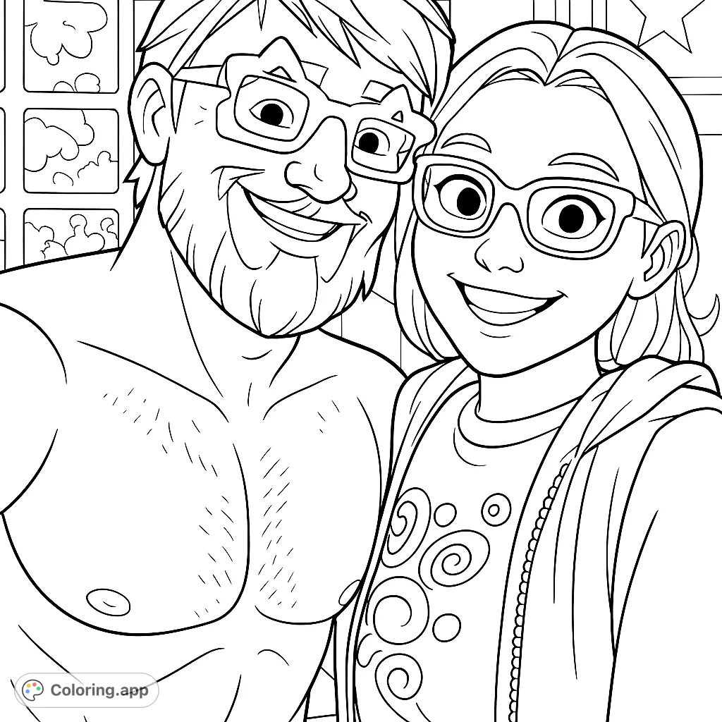 A cheerful duo in quirky glasses, captured in a close-up, ready for you to bring their smiles to life with your favorite colors. Perfect for a fun coloring session!