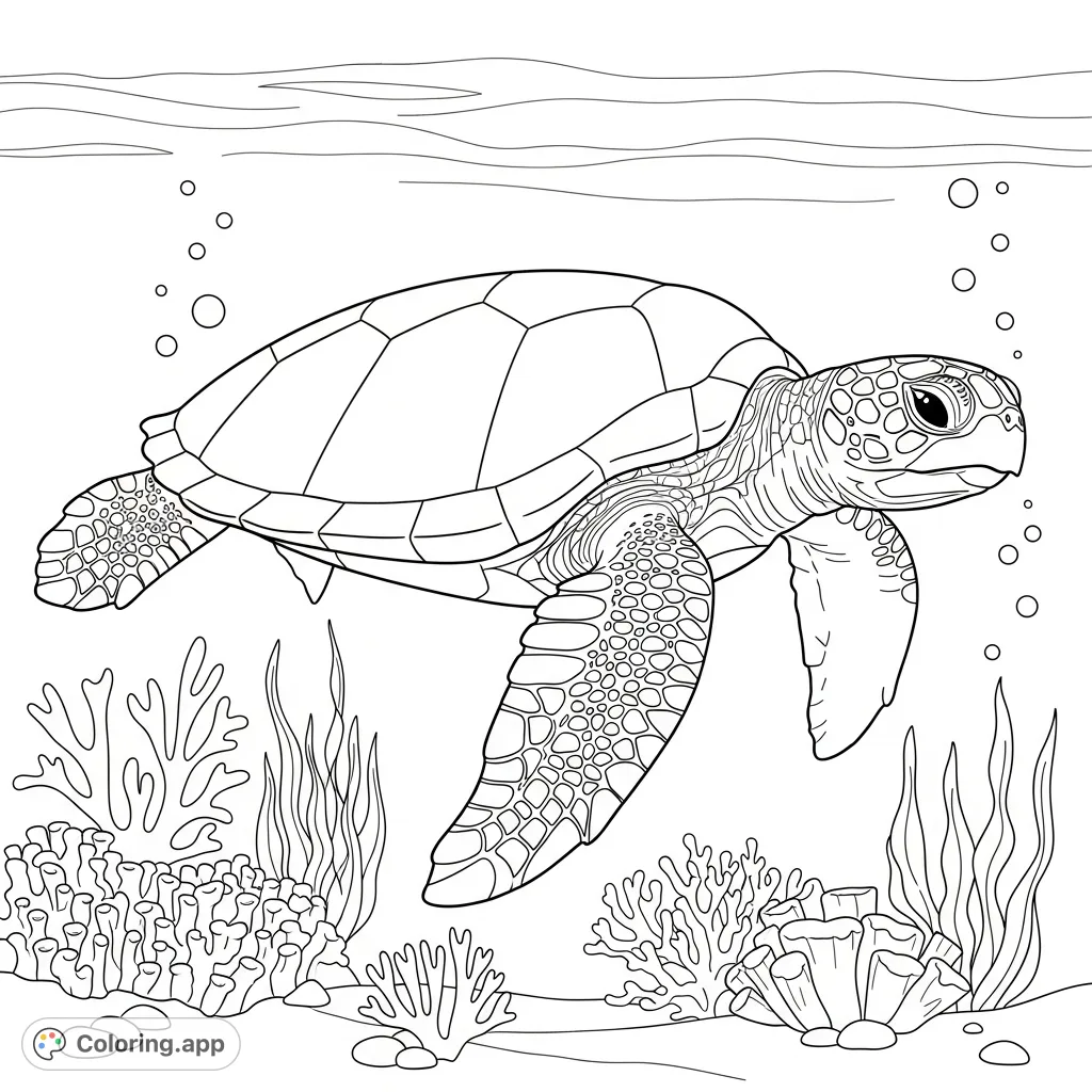 Dive into an enchanting underwater world with this sea turtle coloring page. Features a majestic turtle with intricate shell patterns amidst coral and bubbles.