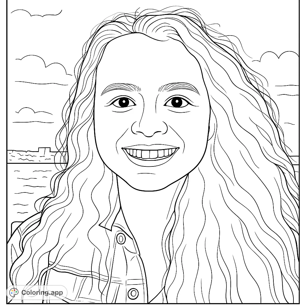 A cheerful woman with flowing hair smiles by the water, with a distant cityscape under a bright sky. A delightful portrait coloring page.