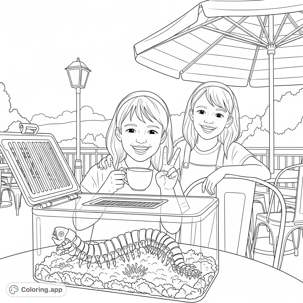 A charming vintage-style coloring page featuring two smiling girls on a patio with a fascinating segmented creature in a container. Simple and fun!