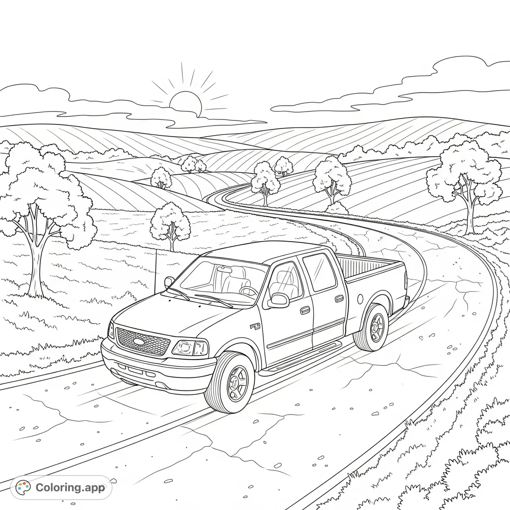A classic Ford F-150 2001 pickup truck drives along a winding country road under a bright sun, with rolling hills and trees in the background.