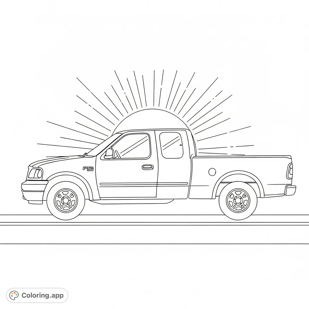 Color a classic 2001 Ford F-150 pickup truck from a side view, driving on a road under a bright sun. Perfect for vehicle enthusiasts!