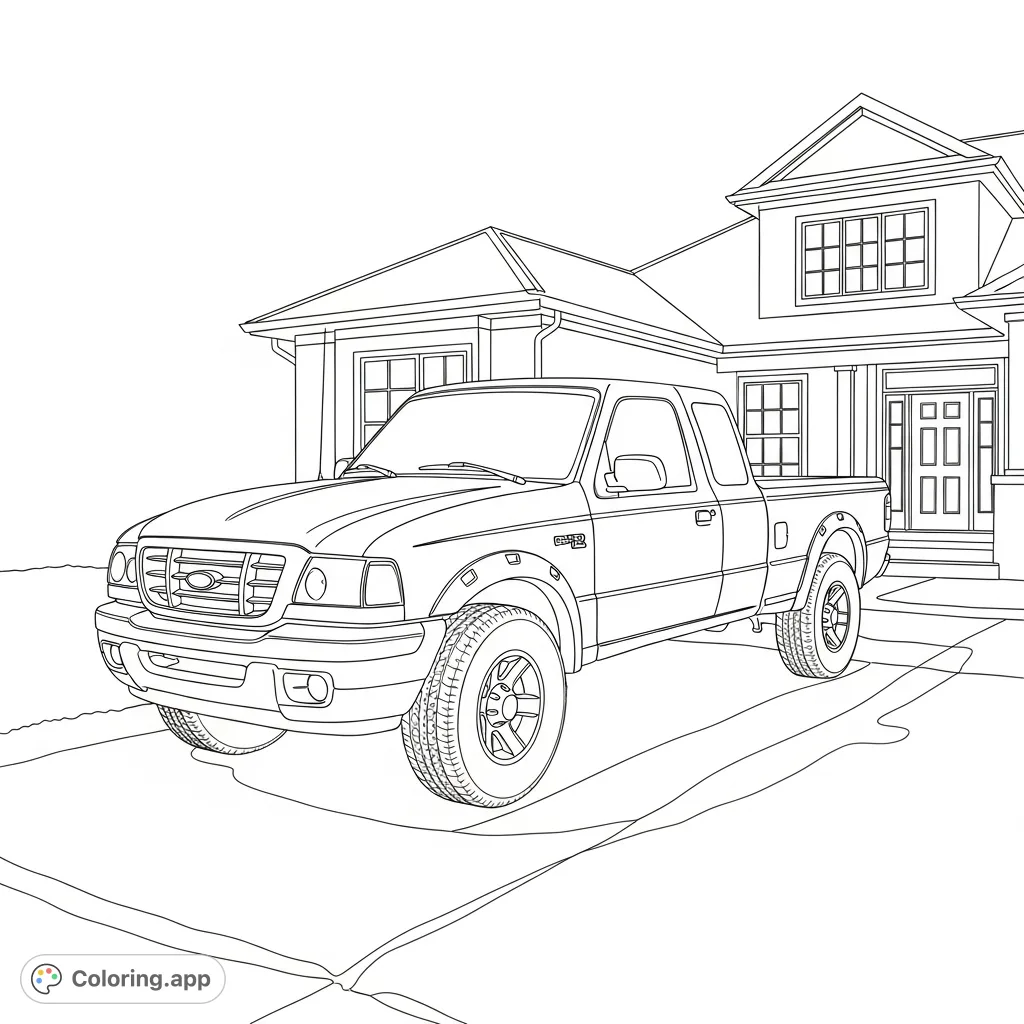 A detailed Ford Ranger F-150 4x4 pickup truck parked on a driveway near a house on a sunny day. Perfect for vehicle enthusiasts.