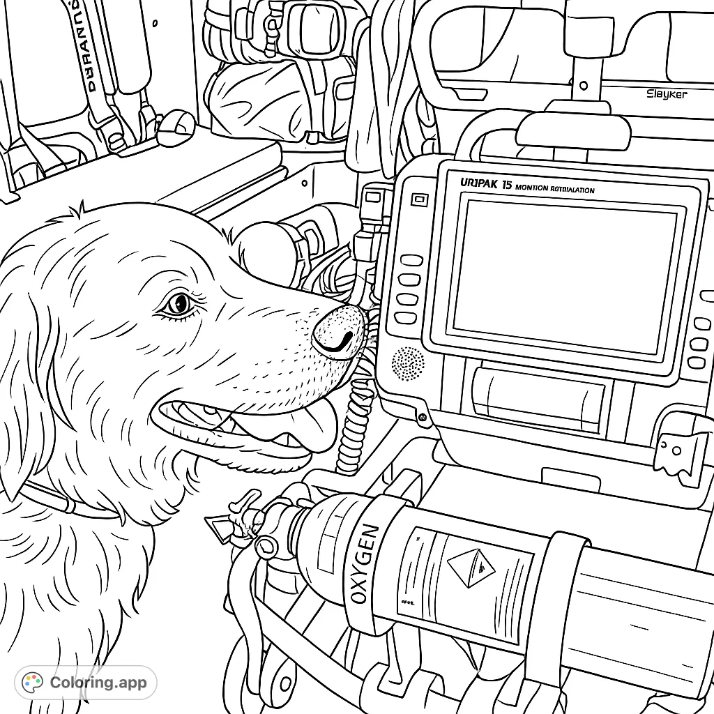 A loyal Golden Retriever in a medical transport setting, surrounded by essential equipment. Perfect for dog lovers and those interested in service animals.