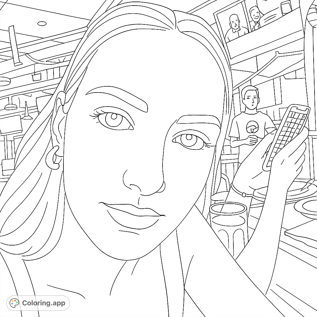 A realistic close-up portrait in a lively indoor venue, featuring a person's face, background screens, and other patrons. Perfect for detailed coloring.