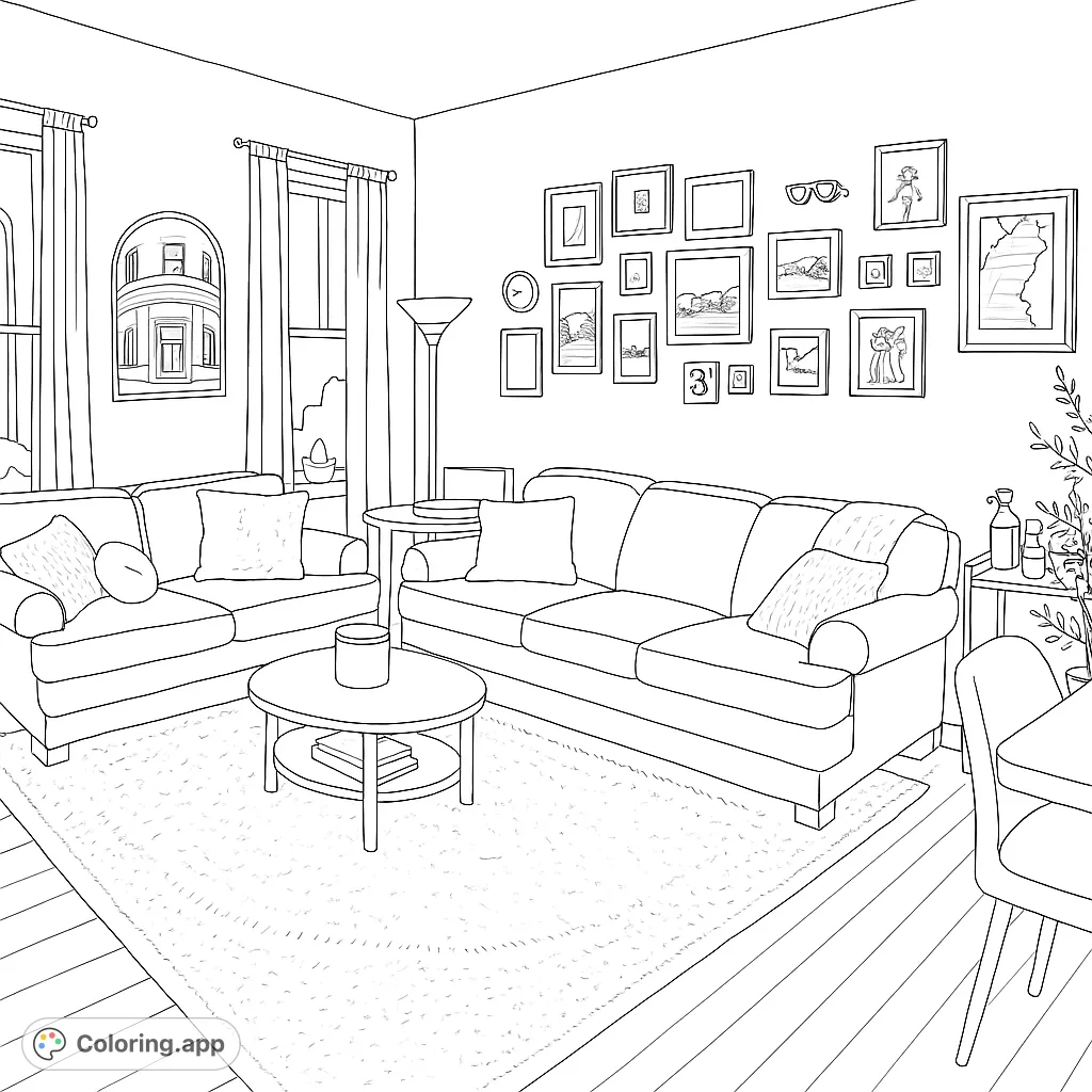 A simple living room coloring page featuring two sofas, a coffee table, and a few wall decorations. Perfect for quick, relaxing coloring.