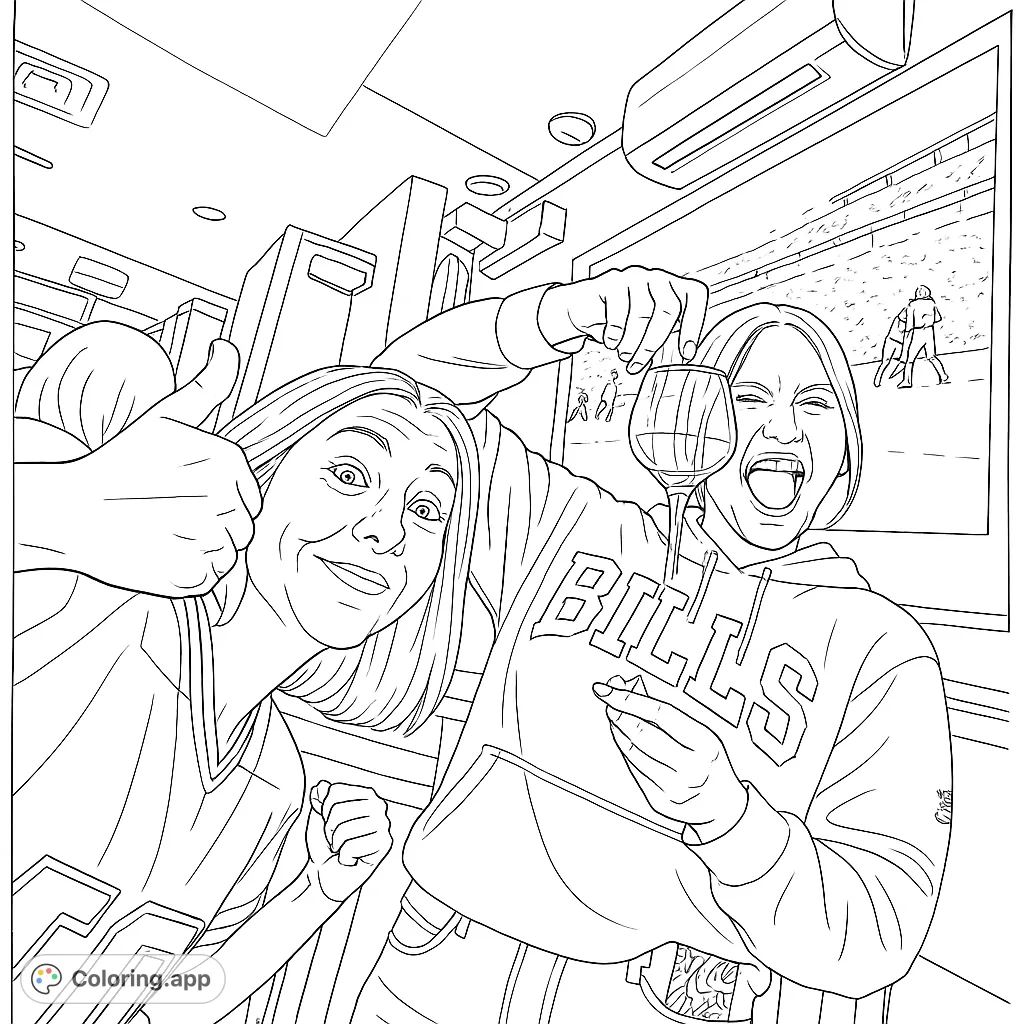 Capture the lively spirit of friends enjoying a night out with this dynamic coloring page. Perfect for fans of sports and social gatherings.