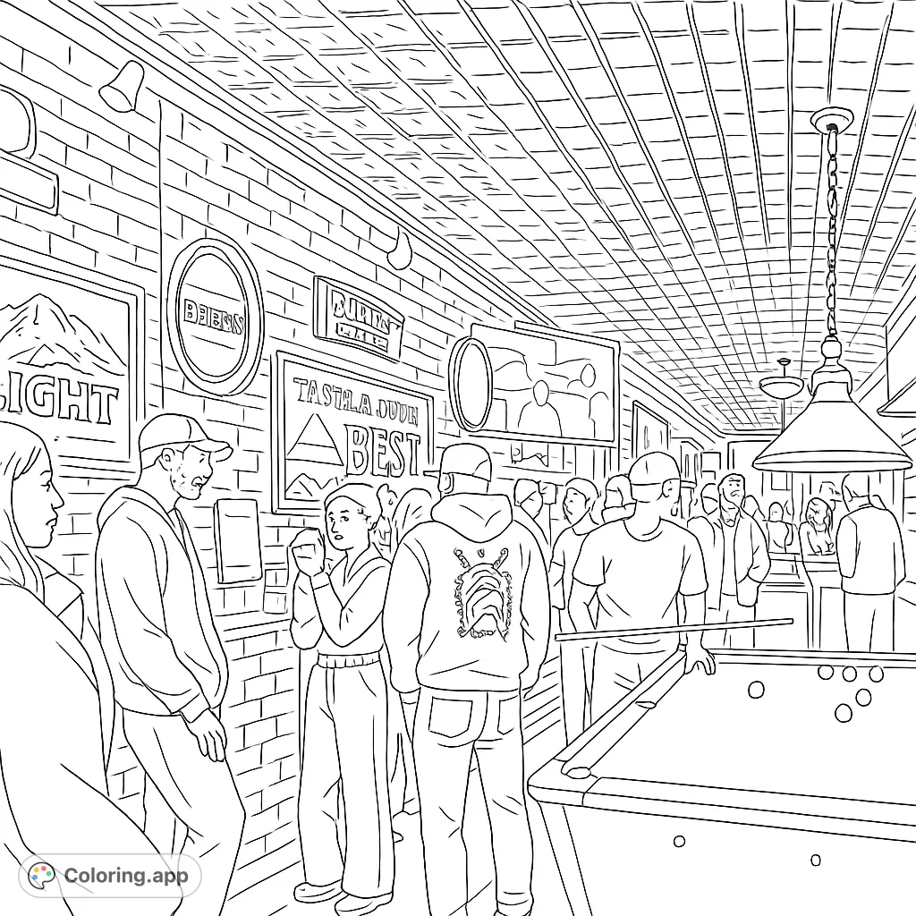 A lively pub scene featuring friends gathered around a pool table, enjoying a game. Detailed brick walls, patterned ceiling, and various signs add to the atmosphere.