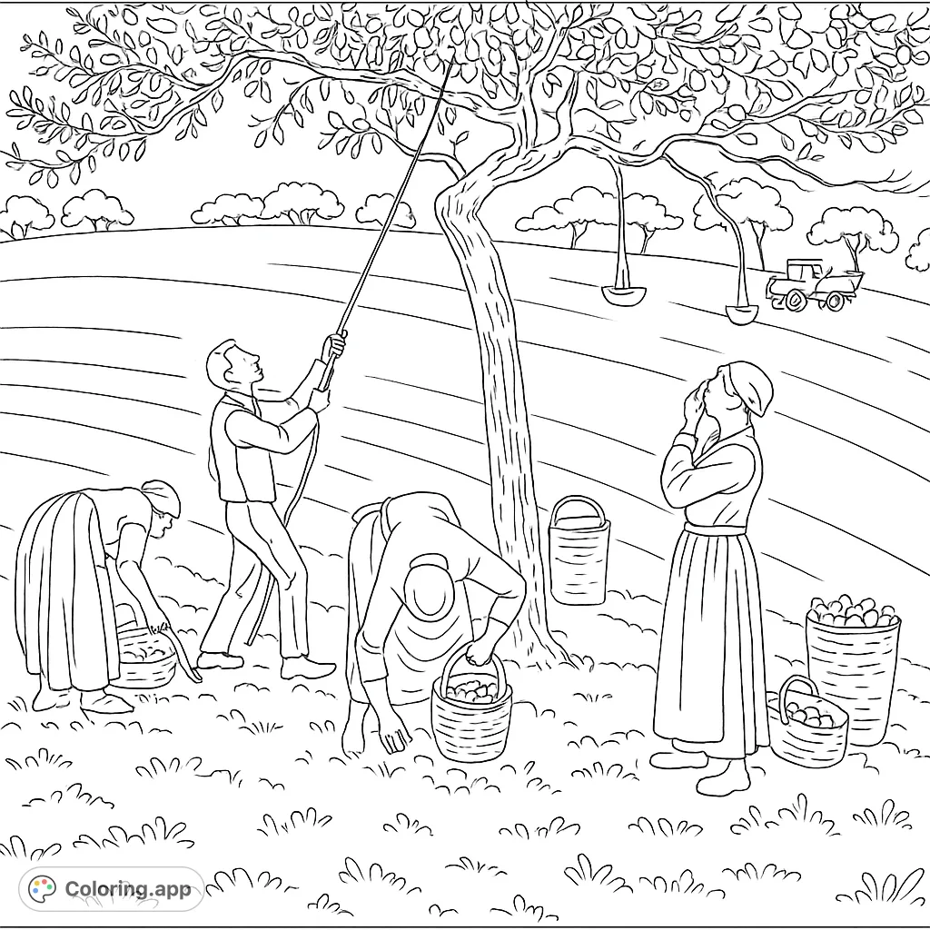 Immerse yourself in a detailed orchard harvest scene. Three figures gather fruit under a grand tree, surrounded by baskets and a vast field.