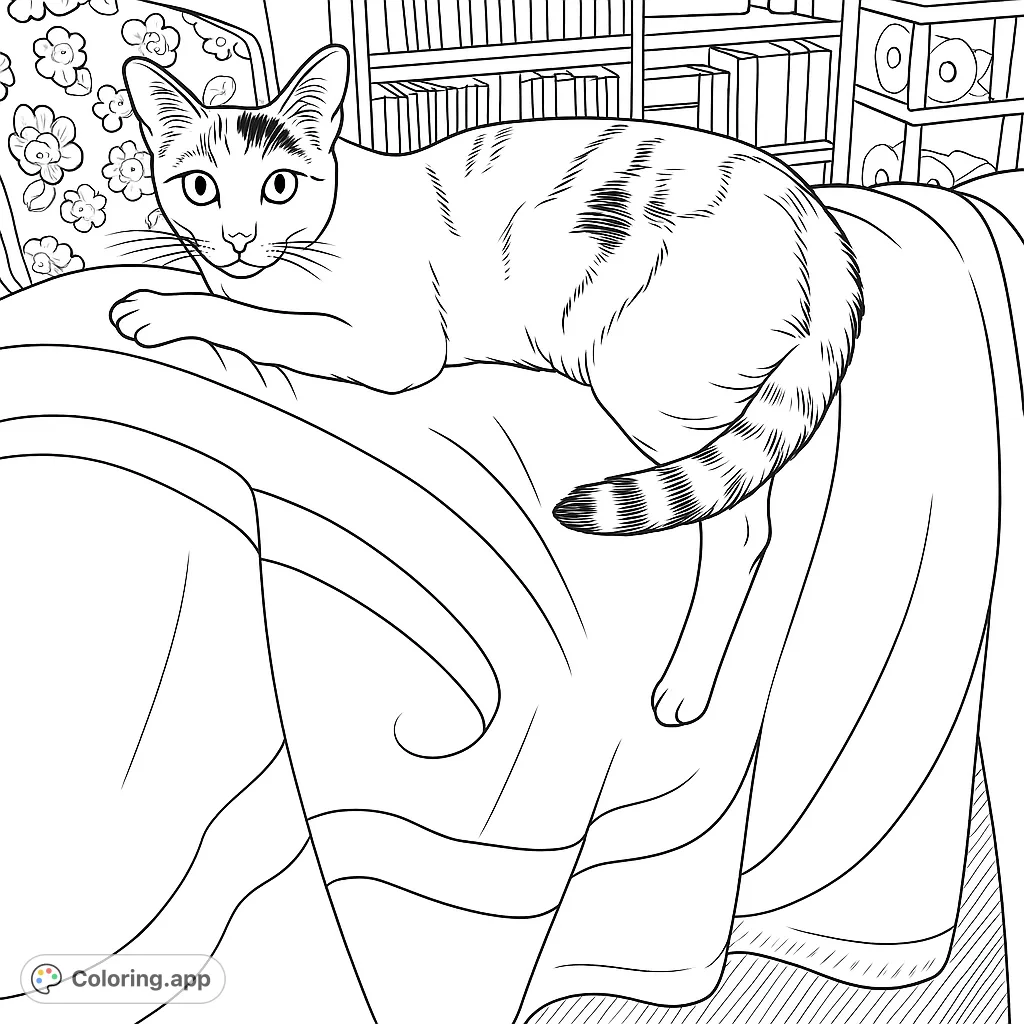 A charming cat relaxes on a soft, patterned blanket, inviting colorists to bring its unique markings and cozy setting to life.