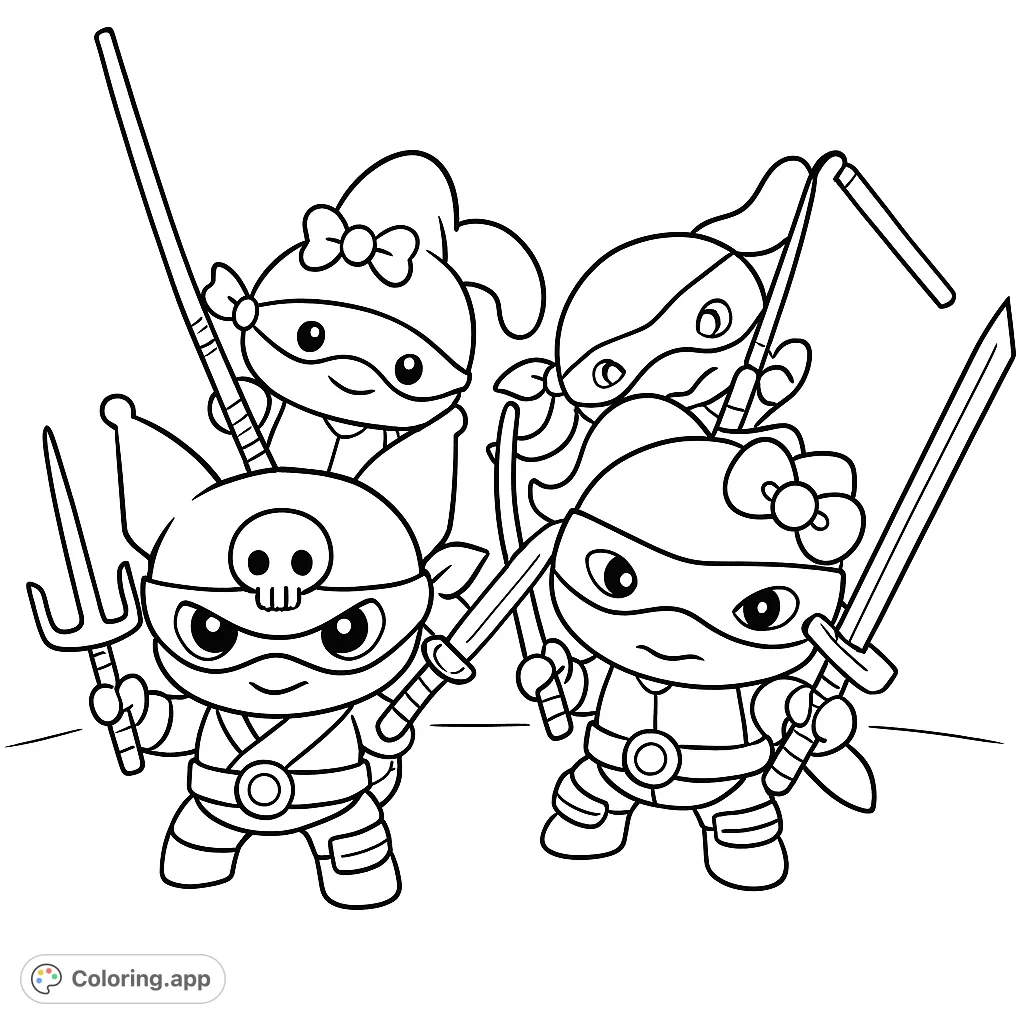 Join four adorable ninja-themed characters, each with unique weapons and masks, ready for action. A fun and engaging coloring page for all ages!