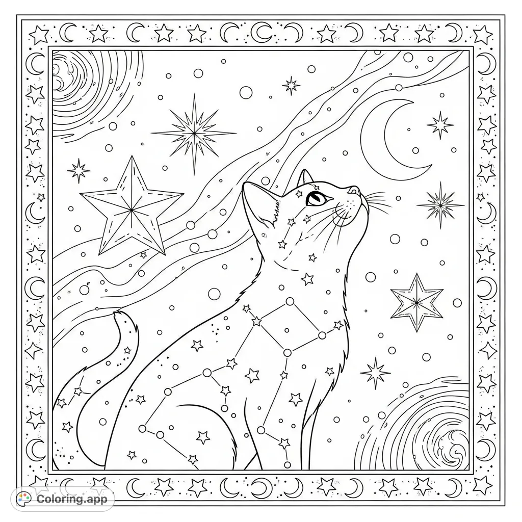 Unwind with this enchanting celestial cat coloring page, featuring a stylized feline amidst stars, moons, and vintage cosmic patterns. A magical journey awaits!