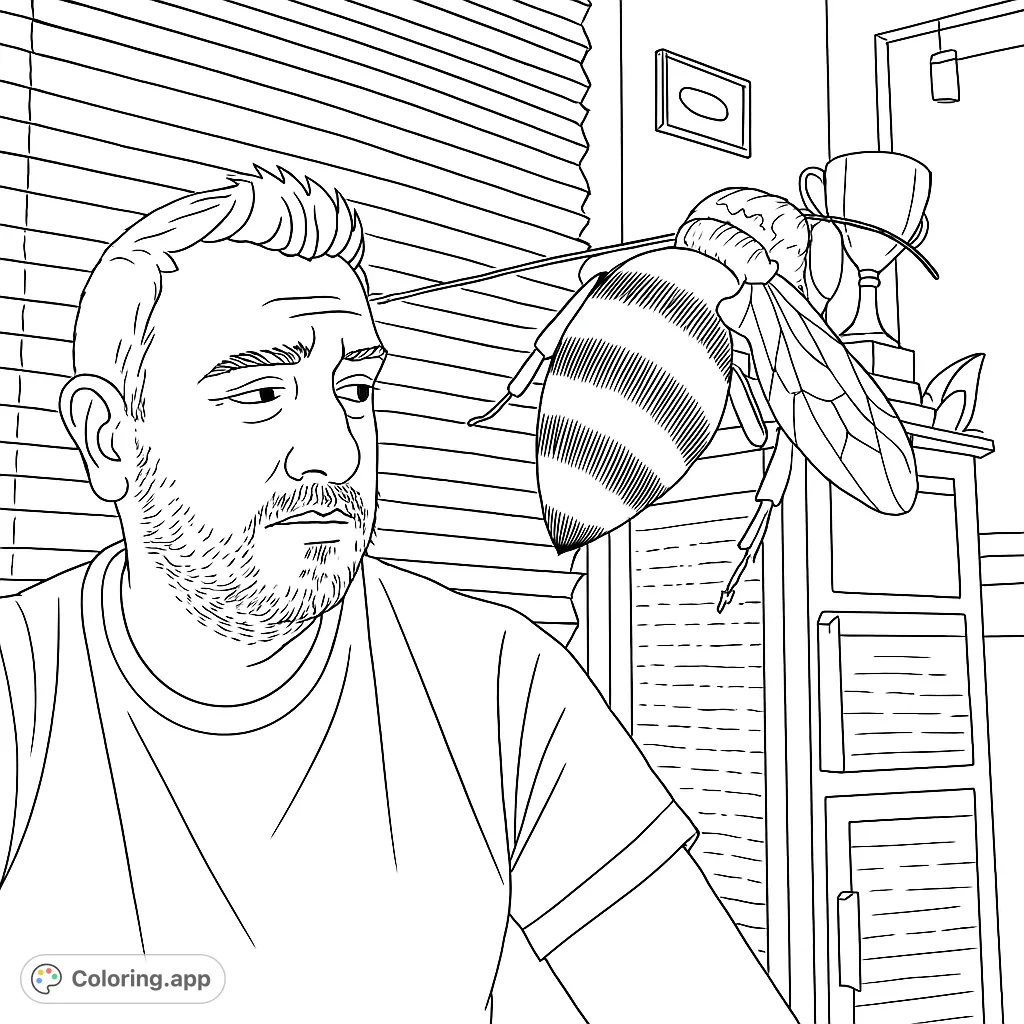 An intriguing coloring page featuring a man observing a large, detailed bee in flight. Perfect for those who enjoy unique animal encounters and detailed designs.