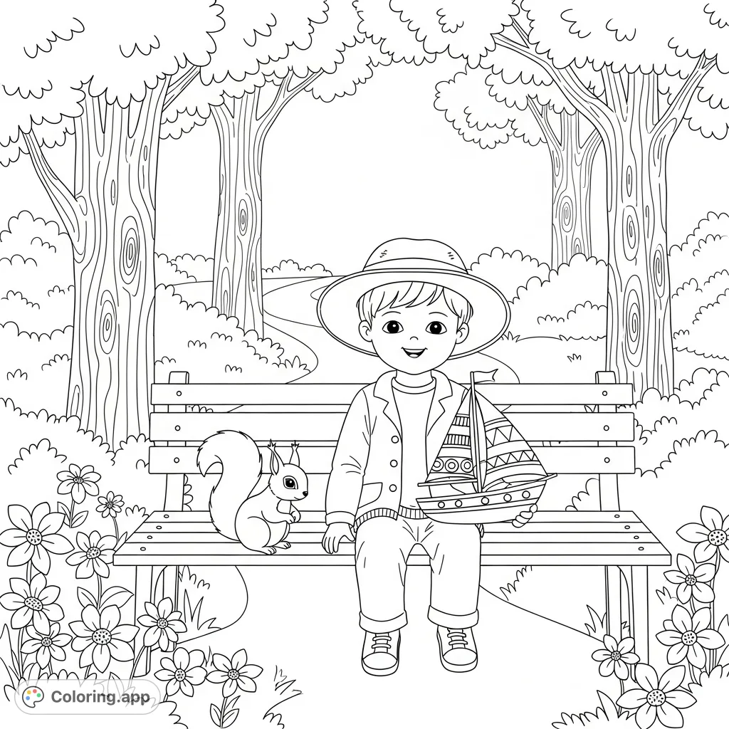 A delightful scene of a fully clothed child playing with a toy sailboat on a park bench, observed by a friendly squirrel amidst trees and flowers.