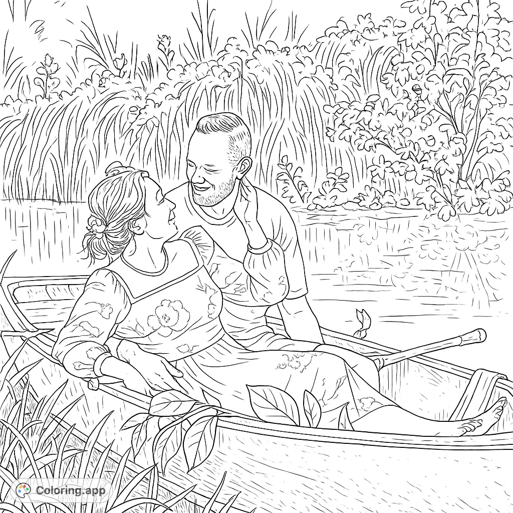 A romantic couple enjoys a peaceful boat ride amidst lush nature. This serene coloring page captures a moment of connection, perfect for relaxation.