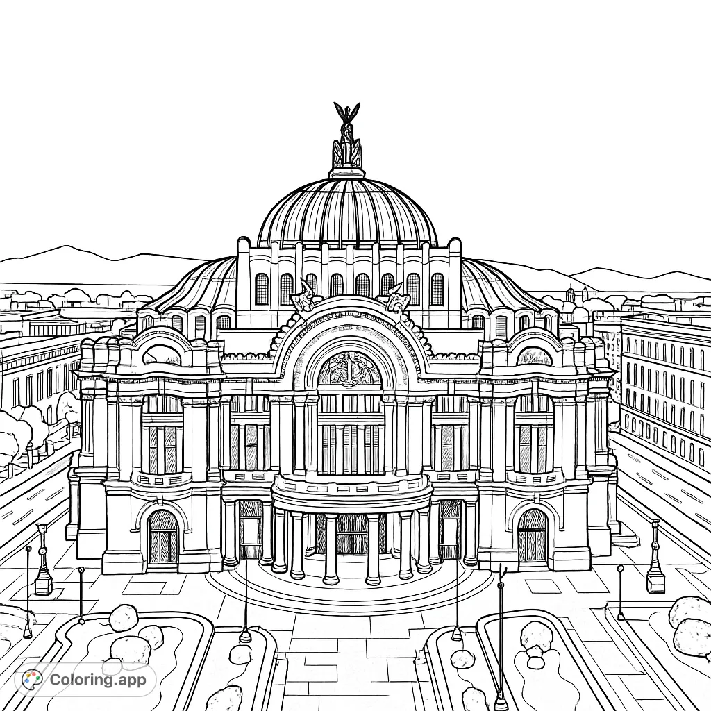 Color a majestic architectural landmark with intricate details, a grand dome, and a bustling cityscape background. A challenging and rewarding experience.