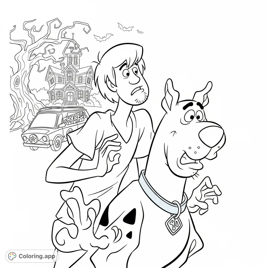 Join Scooby Doo and Shaggy on a thrilling mystery adventure! This fun coloring page features the iconic duo, the Mystery Machine, and spooky elements.