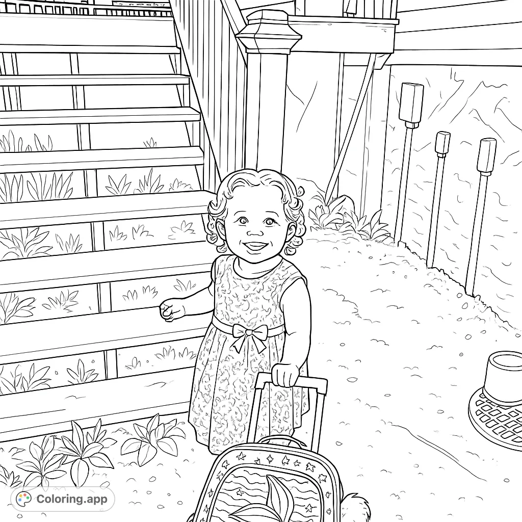 A joyful child with a mermaid backpack stands by wooden stairs, ready for adventure. This charming coloring page captures a moment of youthful excitement.