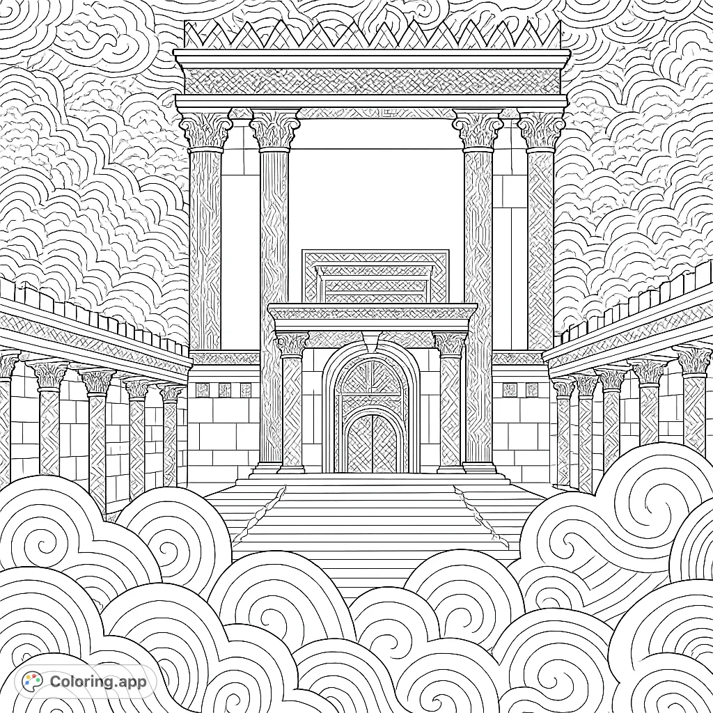 Immerse yourself in an intricate temple architecture coloring page. Explore detailed columns, grand arches, and majestic structures for a rewarding creative escape.
