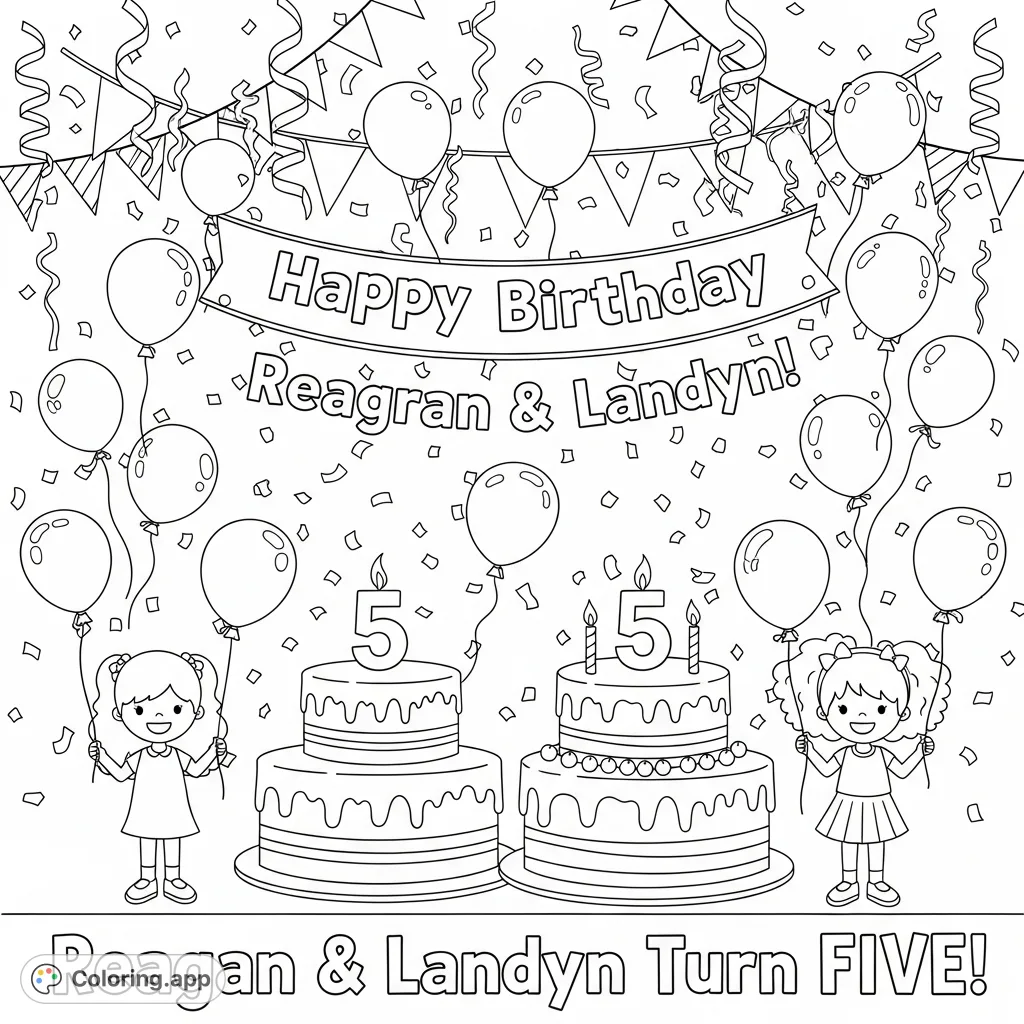 Celebrate a special fifth birthday with two cakes, a festive banner, balloons, streamers, and two joyful girls, Reagan and Landyn, ready for fun!