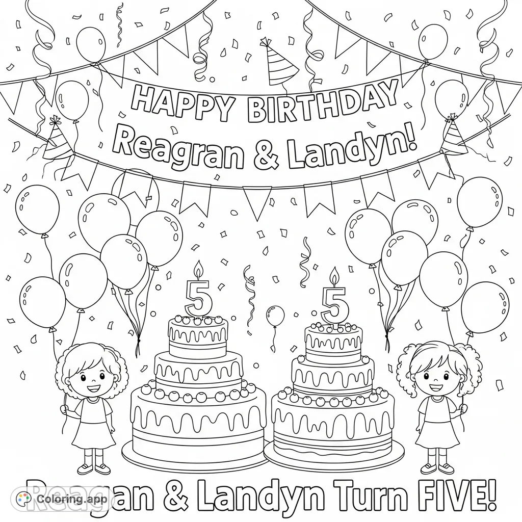 Celebrate a special fifth birthday with two cakes, a festive banner, balloons, streamers, and two joyful girls, Reagan and Landyn, ready for fun!