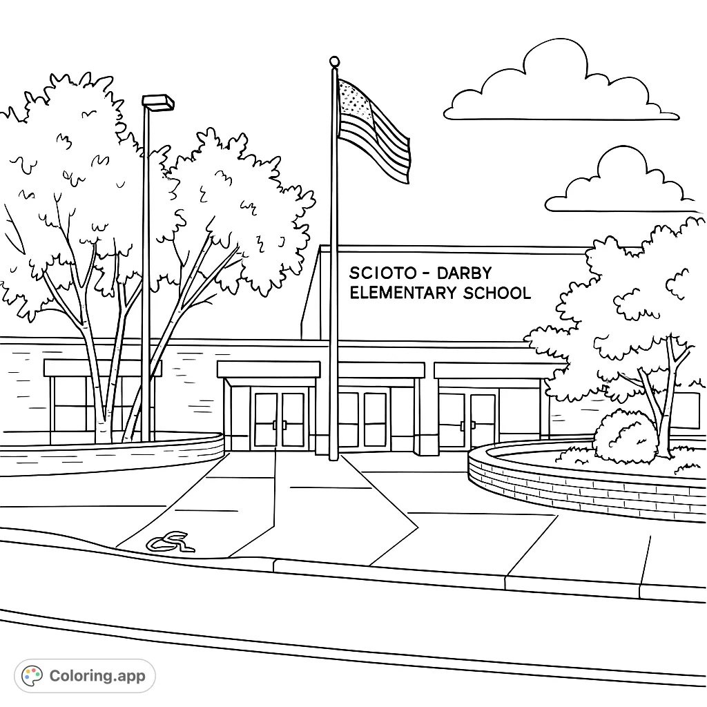 Color a detailed elementary school building with a flagpole, trees, and a welcoming entrance. Perfect for school spirit and community themes.