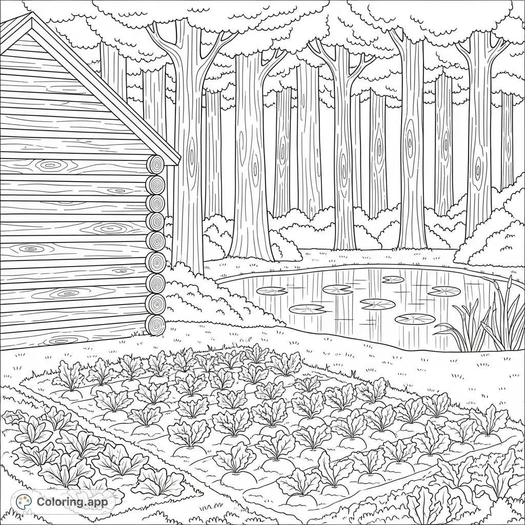 Explore a charming rustic scene featuring a cozy log cabin, a bountiful vegetable garden, a serene pond, and a dense forest backdrop.