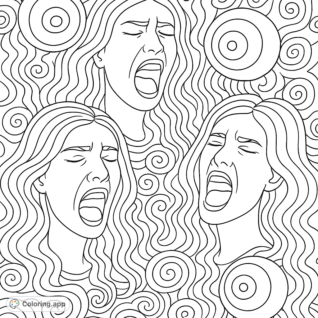 Explore a dynamic coloring page featuring three expressive faces with open mouths, surrounded by intricate swirling patterns and circular elements. A captivating design for creative expression.