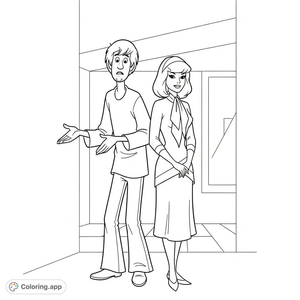 Join Shaggy and Daphne from Scooby-Doo on a fun coloring adventure! Perfect for fans of classic cartoons and mystery-solving.