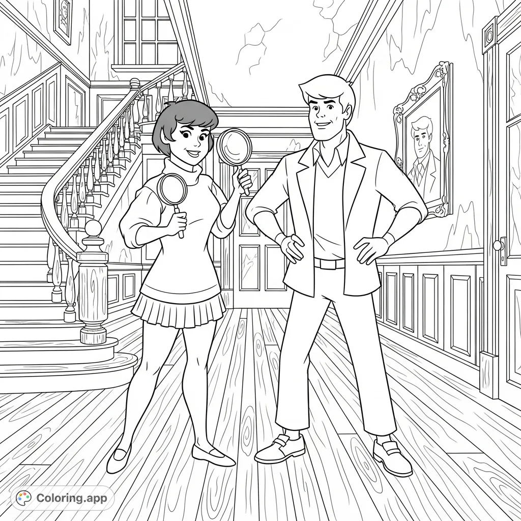 Join Velma and Fred from Scooby-Doo on a thrilling mystery adventure! A free printable coloring page for fans of all ages.