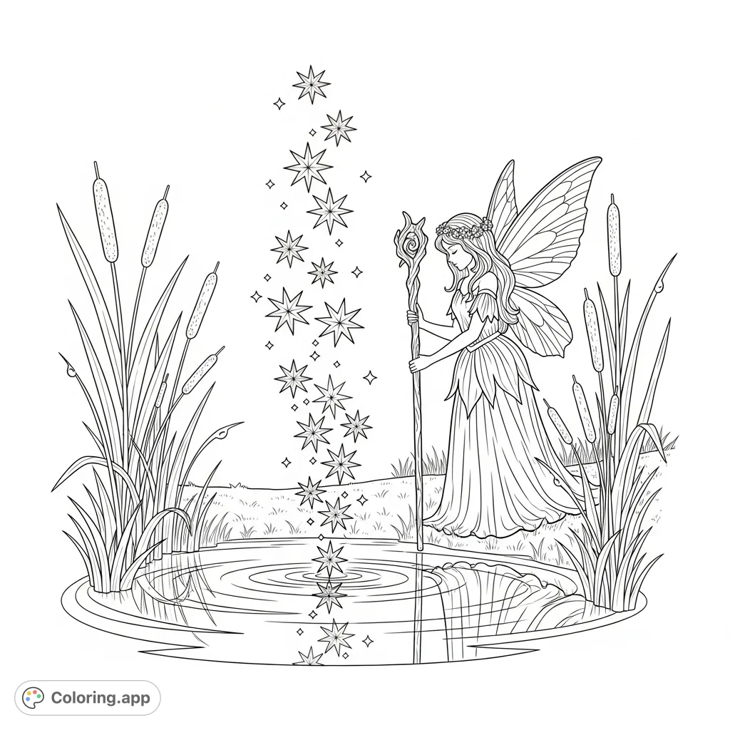 A whimsical fairy conjures stars from a reflective pond, surrounded by dew-kissed reeds. A detailed vintage-style scene for creative coloring.